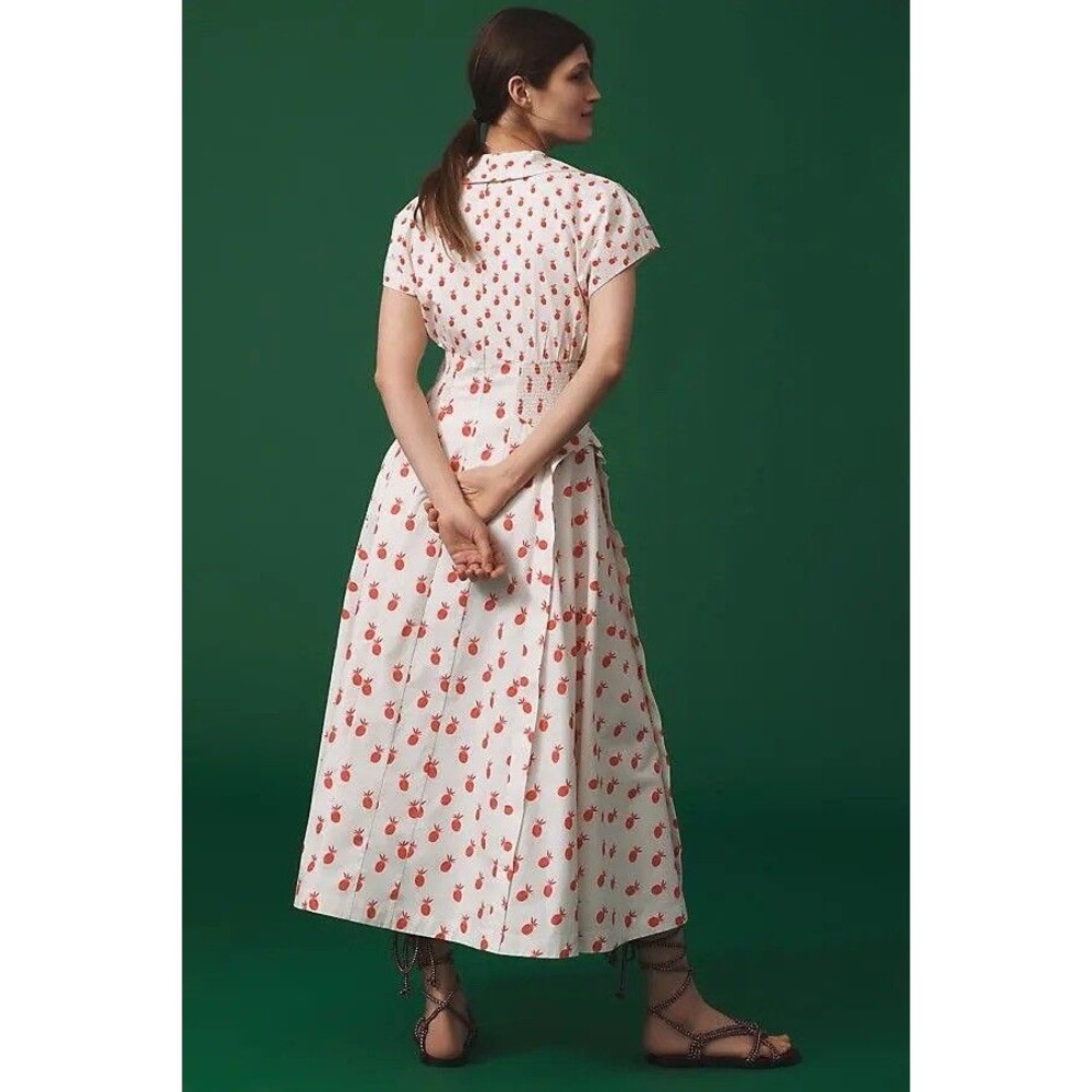 $198 Anthropologie Pineapple Short Sleeve V-Neck Dress Size Small Midi Cottage - Picture 3 of 16
